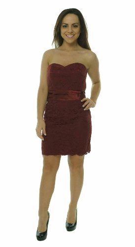 Floral Lace Overlay Pleated Satin Bow Strapless Dress