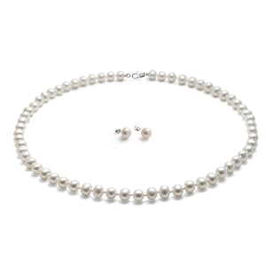 Ellena Pearl Round 6.5-7mm 18Inches 45cm Freshwater Cultured White Pearl Necklace for Women & Matching Stud Earring Set as a FREE Gift