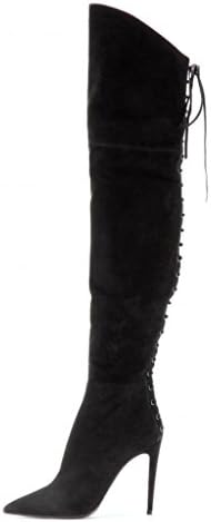Shoesofdream Women's Relia Lace-Up High Heels Fashion Pointed Toe Over The Knee Black Boots Handmade for Wedding Party Dress Shoes 6 M US