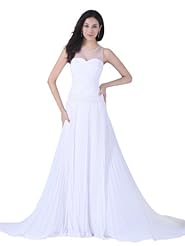 A-line Chiffon Spring Summer Fall Pleated Beaded Ruched Sheer Jeweled Sleeveless Wedding Dress  with a Court Train 