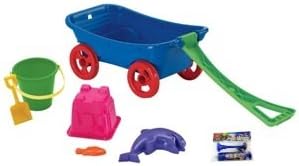 7 Item Gift Set Toddler Wagon and Sand Toys - Beach Set with Sand Castle Mold, Pail and Shovel, 2 Sand Shaping Molds, Loud Air Horn, Best Christmas Gifts for 3 year old boys and girls age 4yrs, 5 yrs