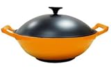 Paylesscookware 5 Piece Orange Enamel Coated Cast Iron Wok Set 4-qt.