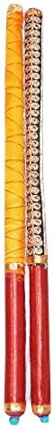 Trinkets Wooden Dandiya Sticks Gota Lace Work Yellow Sticks Navratri Festival Decor 2 Pcs