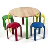 Lipper  International 559N Child’s Round Natural Finish Table and 4 Multicolored Stools Set