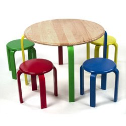 Lipper  International 559N Child’s Round Natural Finish Table and 4 Multicolored Stools Set