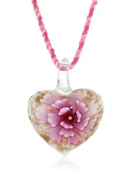 Betsey Johnson "Glass Heart Boost" Pink Flower Glass Heart Braided Pendant Necklace, 20"