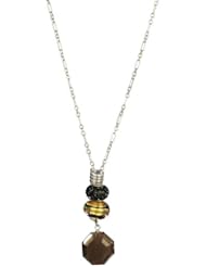 Smokey Quartz Octagon Pendant Necklace with Designer Glass and Pave Crystal Beads on Sterling Silver Chain, 24"