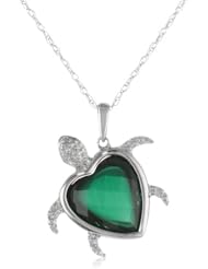 10k White Gold Turtle Created Emerald Diamond Pendant Necklace (0.03 cttw, I-J Color, I2-I3 Clarity), 18"