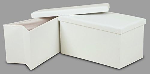 White faux leather large ottoman childrens boys girls foldable flat pack storage box chest 2 seater large double pouffe seat stool 70x38x38 toys clothes by HOME-EXPRESSIONS