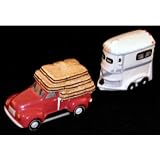 HORSE TRAILER and Red Ford Truck SALT AND PEPPER SHAKERS set tableware dining service western... by montana silversmiths