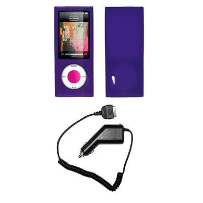 Premium Purple Soft Silicone Gel Skin Cover Case + Rapid Car Charger for Apple iPod Nano 5G, 5th Generation