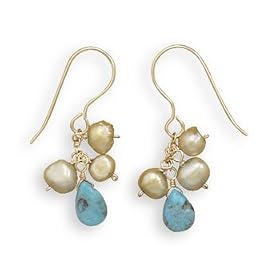 14/20 Gold Filled French Wire Earrings with Turquoise and Cultured Freshwater Pearl - Free Shipping