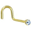 Solid 14KT Yellow Gold 2mm Light Blue Cubic Zirconia Right Nostril Screw- 20 Gauge