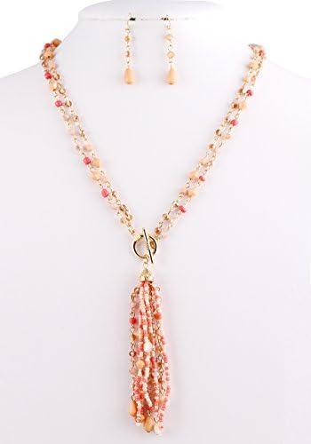 Bling Bar MULTI SEED BEADS TASSEL NECKLACE AND EARRING SET (CORAL)