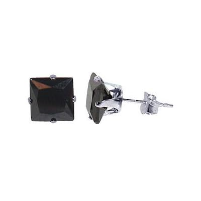 Sterling Silver Princess Cut Black 7 MM Cubic Zirconia Stud Post Earrings