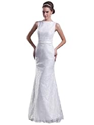 Floor Length Bateau Neck Sleeveless Natural   Waistline Lace Mermaid  Dress With a Sash 