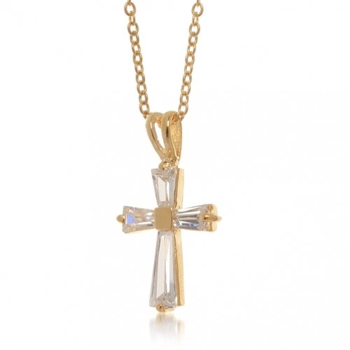 Bling Jewelry Gold Vermeil Tapered Baquette Diamond CZ Cross Pendant with 16