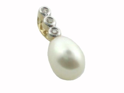 Cultured Pearl Drop Pendant with Diamonds, 14k Gold