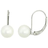 10k White Gold 7.5 mm Lustrous White Shell Pearl Lever Back Earrings