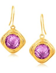 Italian Design 14K Yellow Gold Filament Earrings with Round Amethyst