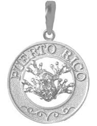 925 Solid Sterling Silver Travel Necklace Charm Pendant, Puerto Rico, Round Frame, Fro