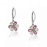 10KT White Gold Flower Dangle Earrings Pink White Topaz