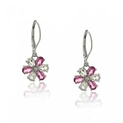 Pear Pink & White Topaz Dangle Flower Earrings in 10K Solid White Gold
