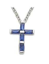 .925 Sterling Silver Cross Pendant Necklace in a Sapphire Design with CZ Stone Christian Jewelry w/Chain Necklace 16" Length