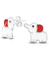 Bling Jewelry 925 Sterling Silver Elephant Kids Stud Earrings Red White Enamel