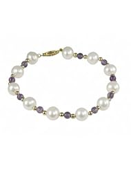 14K 8-8.5mm Freshwater Cultured Pearl and Amethyst Bead Bracelet, 7.5"