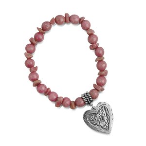 Valentines Day Gifts – Rhodonite Beaded Stretch Bracelet with Stamped Sterling Silver Floral Heart Charm Valentines Day Gift