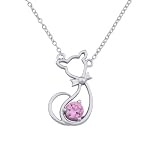 Rhodium Plated Sterling Silver Pink Cubic Zirconia Open Feline Necklace, 17