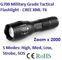 G700 Military Tactical Flashlight , LED Cree XM-L T6, Water Resistant Torch, Adjustable Focus - Zoom, 5 Modes, Brightness 2000 lm - 3 AAA alkaline batteries included.