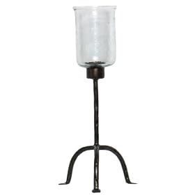 Wrought Iron Medium Tripod Candleholder With Crackled Glass Shade 18H 4.5D