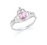 14k White Heart Topaz-Pink Birthstone Claddagh Ring - Size 7.0