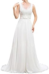 V-neck Chiffon/Satin Lace Spaghetti Strap Natural   Waistline Wedding Dress 