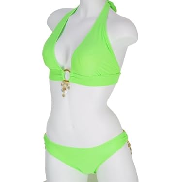Lime Green Halter Top And Full Panty Low Rise Bottom Bikini Set Medium