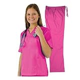 Women's Scrub Set Medical Scrub Top and Pant (Hot Pink, X-Small) SIZES RUN LARGE!