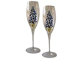 ArtisanStreet's Bluebonnet Italian Crystal Champagne Flutes. Set Of 2 Glasses. Features A Single Flower Trimmed With Green Leaves On Each Glass. Signed by Artisan. Hand Painted & Made To Order.
