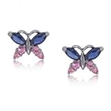 White Gold Butterfly Earrings Blue & Pink Sapphire Gems