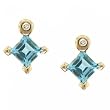 Blue Topaz & Diamond Earring Studs w Princess Cut Gems in Yellow Gold