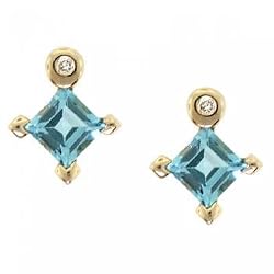Blue Topaz & Diamond Earring Studs w Princess Cut Gems in Yellow Gold