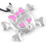 Cute Pink Hearts Skull and Crossbones Pewter Pendant Necklace