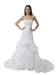 Strapless Spring Fall Beaded Applique Pleated Mermaid Organza  Dress with a Chapel Train 