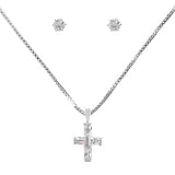 Sterling Silver Baby White CZ Stud with Tiny Cross White CZ Pendant on 16+2in Chain Necklace Set