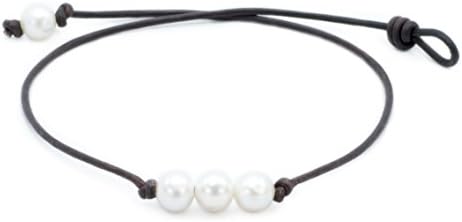 High Quality 3 Freshwater Cultured 9.5-10.5mm Pearl Necklace on Dark Brown Leather Cord, 17"