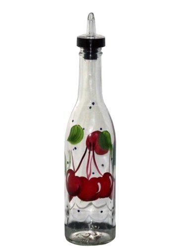 ArtisanStreet's Red Cherry Design on Clear Glass Pour Bottle. Hand Painted & Signed by Artisan