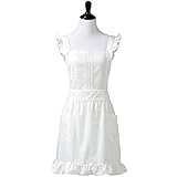 Womens Retro White Victorian Apron with Bib and Pockets, Pinafore for Cooking or Costume Medium