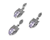 Sterling Silver Marcasite Pendant and Earring Set - Marquis Cut Lavender CZ in Prong Set