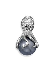 Octopus Slide Necklace with Cubic Zirconia and Simulated Tahitian Pearl Rhodium on Sterling Silver